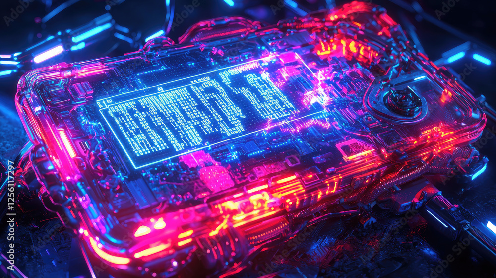 Poster futuristic glowing device with intricate circuitry surrounded by neon lights in a tech environment