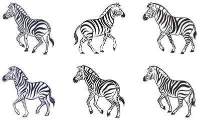 Fototapeta premium Black and White Vector Illustration Set of Zebras in Various Poses Wildlife and Safari Theme