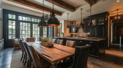 Rustic-industrial dining area with a wooden table, industrial-style chairs, and an exposed ceiling