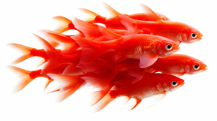Fototapeta premium A vibrant group of red goldfish swimming together, showcasing their unique fins and bright colors in a serene aquatic scene.