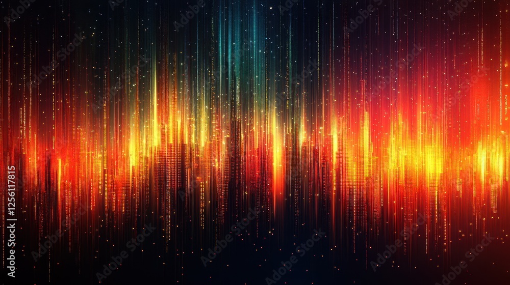 Poster vibrant sound waves create a mesmerizing blend of colors in a digital artwork, illuminating the dark