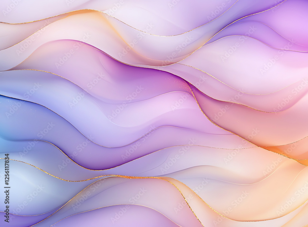 Poster soft abstract fluid art with flowing waves in pastel colors, featuring gentle gradients and subtle g