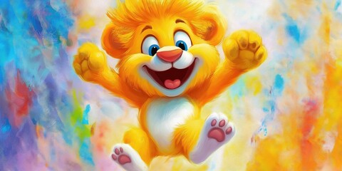 A joyful cartoon lion cub with a big smile, jumping in excitement against a colorful background, radiating happiness and playfulness.