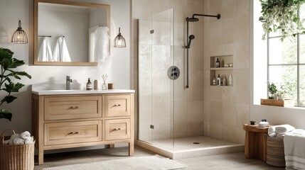 Scandinavian bathroom with a walk-in shower, light wood vanity, and neutral tile for a clean and calming space