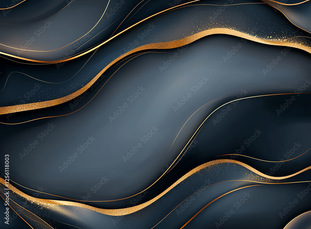 Poster elegant abstract background featuring flowing black and gold waves, creating luxurious and sophistic