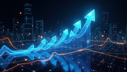 Obraz premium Futuristic Digital Growth Arrow Representing Financial Success and Technological Advancement