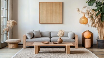 Scandinavian living room with light wooden furniture, a cozy gray sofa, and a textured rug under soft natural light