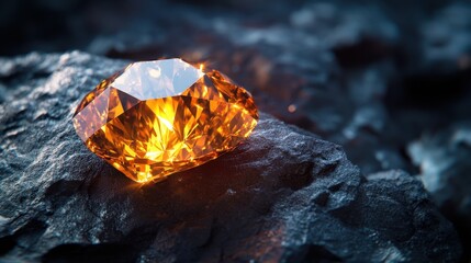 A close-up shot of a glowing orange diamond on a dark textured surface, showcasing its brilliance and radiant light.