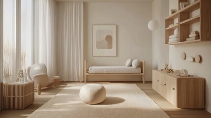 Scandinavian nursery with light wooden furniture, a soft neutral palette, and simple wall decor for a serene feel