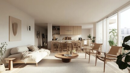 Scandinavian-inspired living room with light wood furniture, cozy textiles, and clean white walls