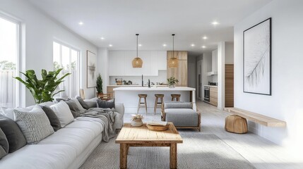 Scandinavian-inspired space with white walls, natural wood furniture, and grey textiles creating a cohesive neutral look