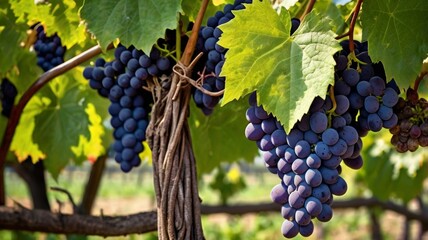 Naklejka premium A lush grape vine draped with clusters of ripe grapes, surrounded by vibrant green leaves