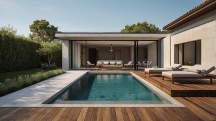 A luxurious swimming pool surrounded by lush greenery and elegant lounge chairs, reflecting the clear blue sky. 