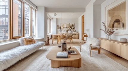 Scandinavian-style living room with white walls, light wooden furniture, and fluffy accents for warmth