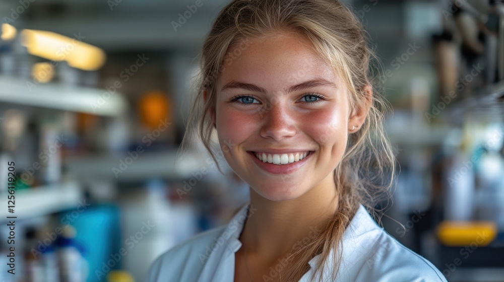 Poster smiling scientist in a laboratory setting showcasing enthusiasm for research and discovery during da