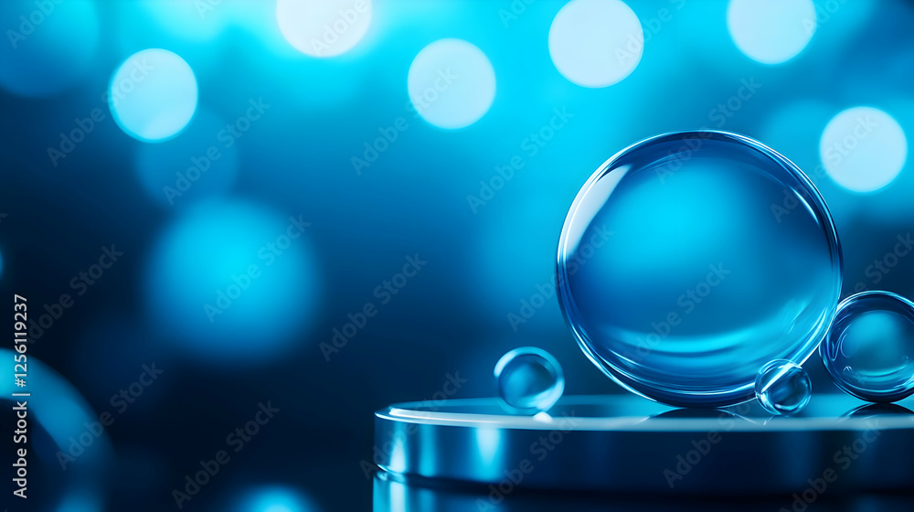 Poster close-up of water droplets on a metallic surface with a blue bokeh background, creating a refreshing