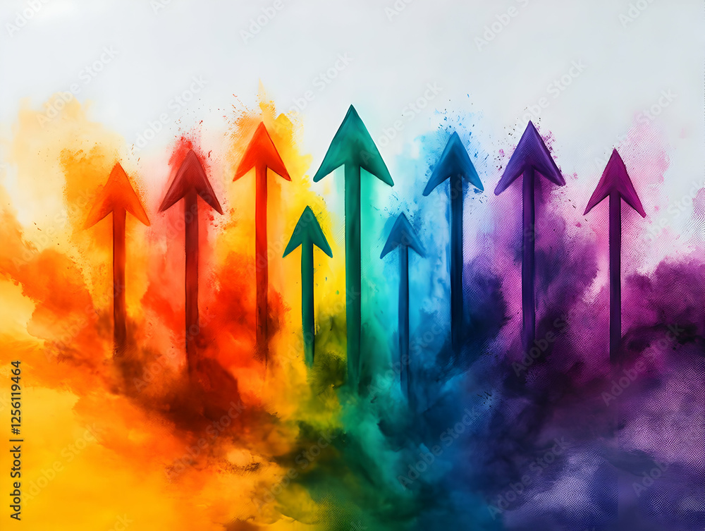 Poster colorful arrows rising through vibrant smoke create a dynamic and uplifting visual. perfect for them