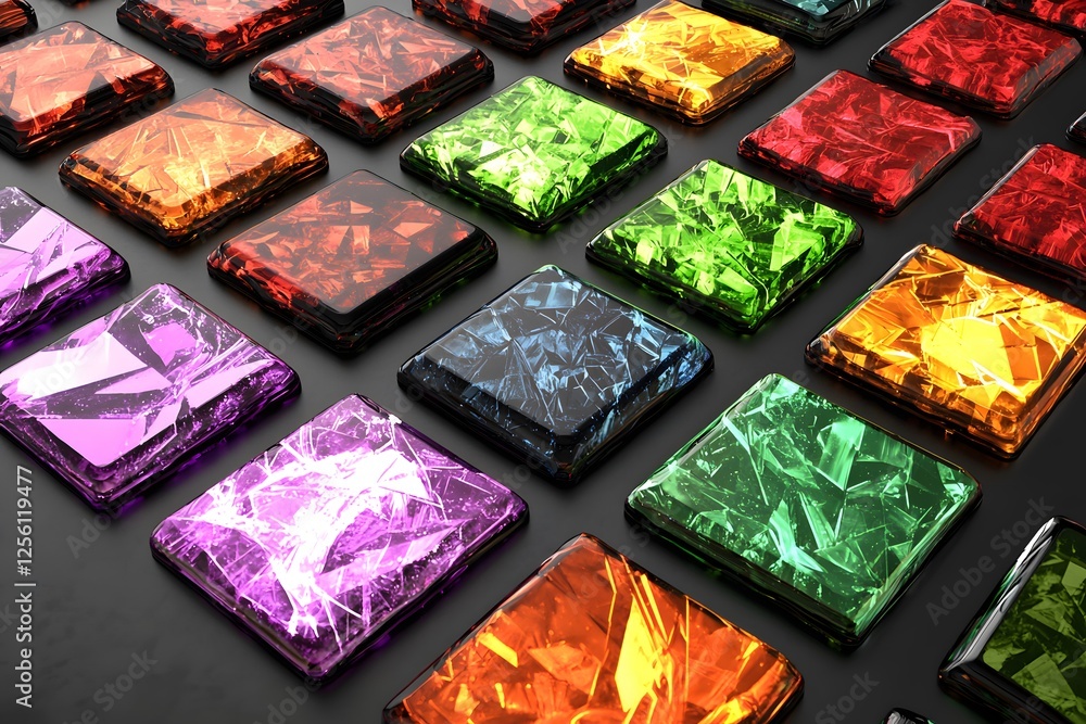 Poster vibrant glass tiles: a captivating array of colorful glass tiles in rich jewel tones, arranged in a 