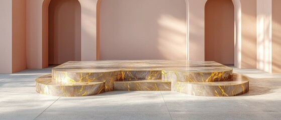 Elegant marble stage design contemporary setting interior decor minimalistic environment elevated perspective modern aesthetics