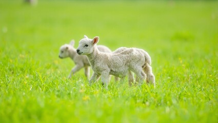 Obraz premium Newborn lambs in a green field