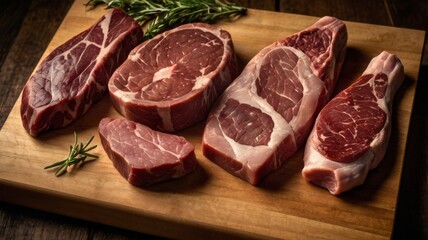 A variety of local meat cuts displayed on a wooden butcher block, showcasing different textures and colors. 