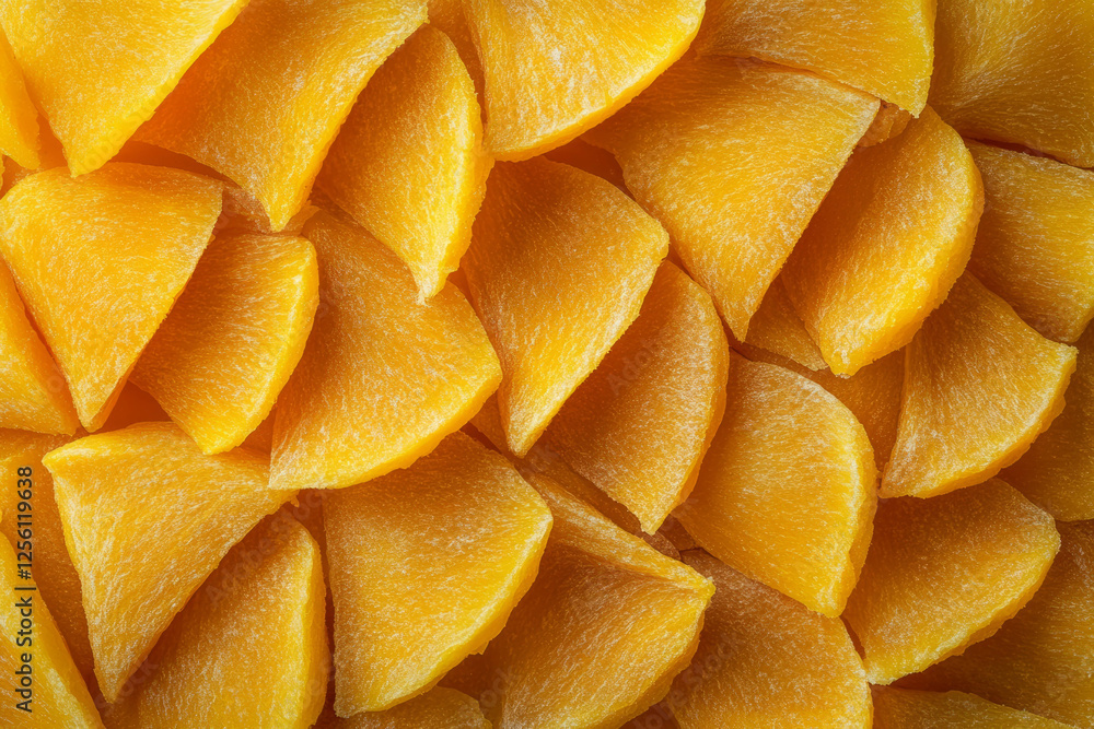 Poster dried mango slices artfully arranged in a fan pattern on a bright backdrop