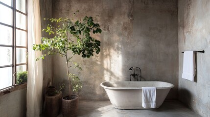 Serene bathroom with a freestanding tub, concrete walls, and a single plant for a touch of greenery
