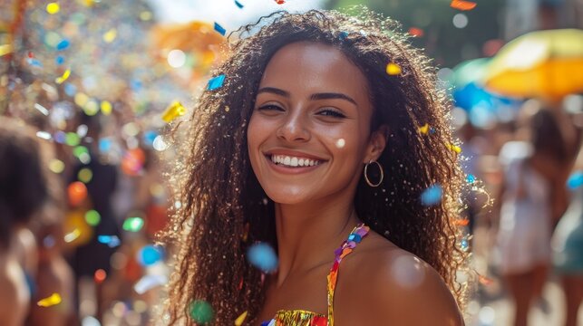 A portrait of a Brazilian woman at a carnival block playing with confetti and a frevo umbrella