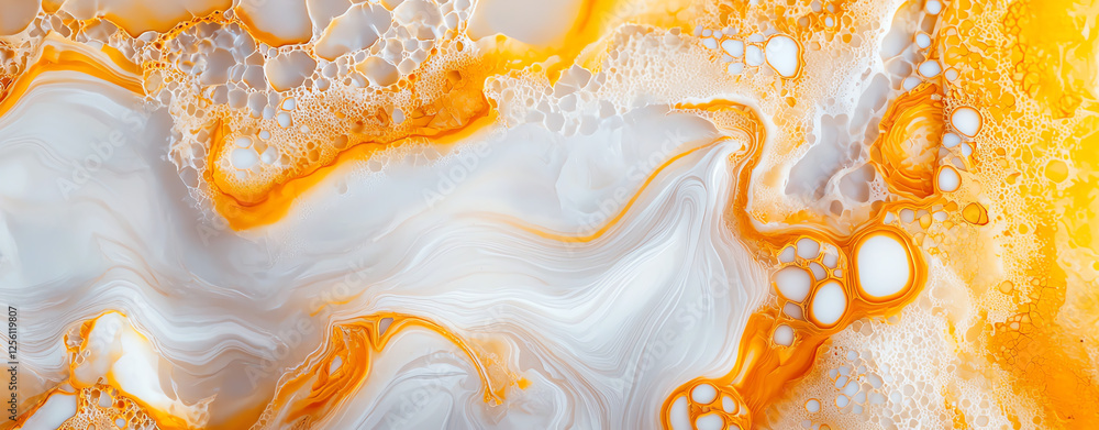 Poster abstract marble stone surface with orange and white swirls, showcasing fluid patterns and bubbles, c