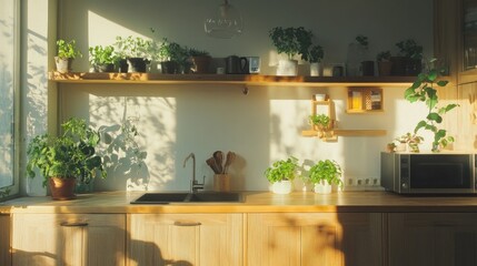 Serene Zen kitchen with simple wooden cabinetry, clean countertops, and indoor plants that bring nature indoors for peaceful cooking