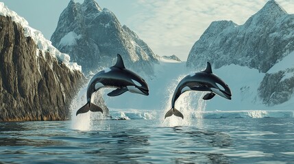 Orcas Leaping Arctic Mountains Icy