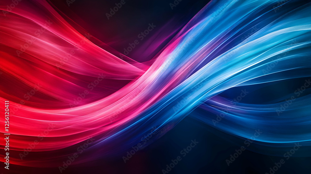 Poster dynamic abstract waves in vibrant red and blue, creating a visually striking motion effect on a dark