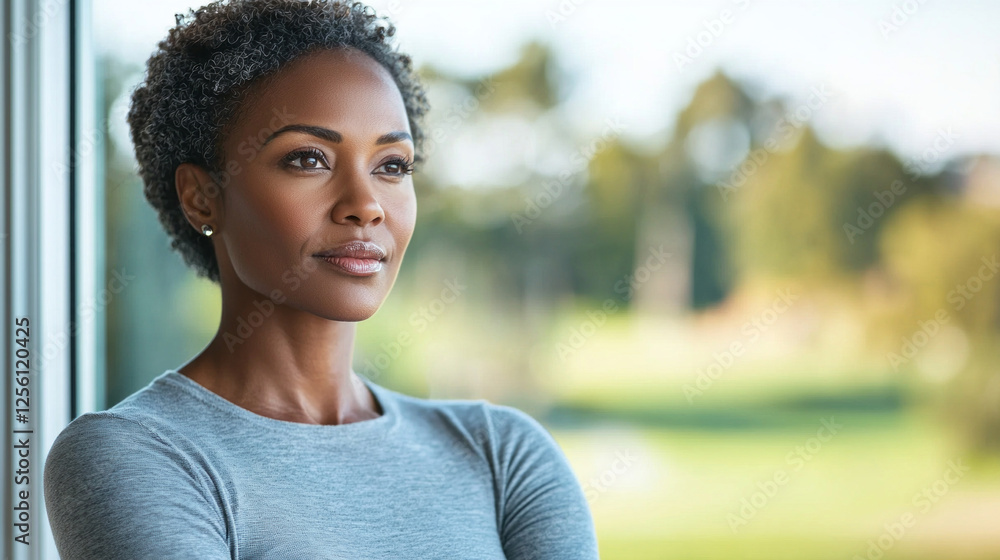 Poster sunlight streams through the window as a mature african woman stands deep in thought. surrounded by 
