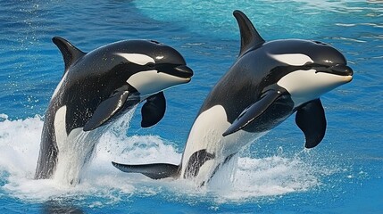 Orcas leaping, aquatic park, playful jump, show background