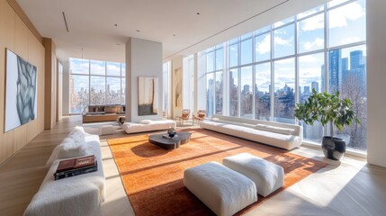 Sleek living room with a focus on negative space, featuring a central rug, low furniture, and large windows