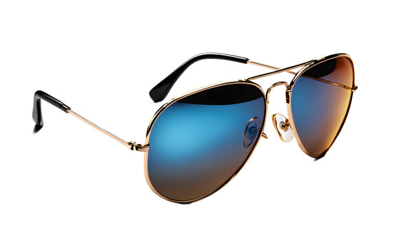 A stylish pair of aviator sunglasses with reflective lenses, isolated on a empty plain background