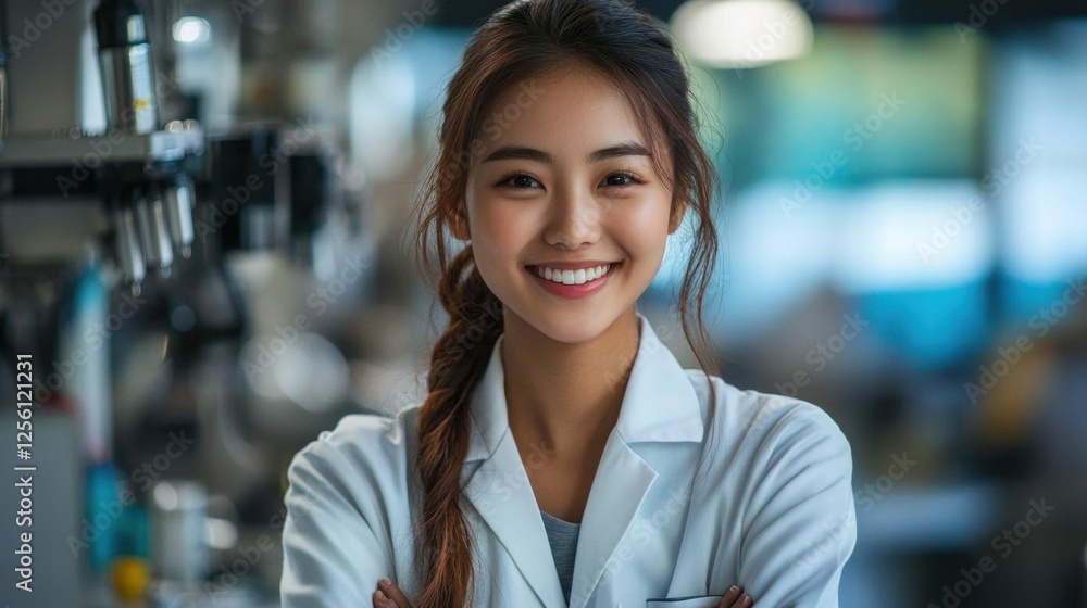 Poster smiling scientist in a laboratory showcasing enthusiasm for research and innovation on a bright work