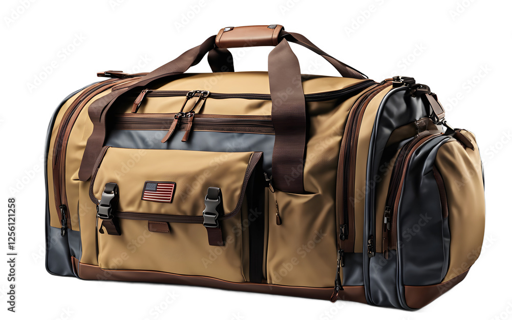 Poster a stylish sports duffel bag with multiple compartments, isolated on a empty plain background