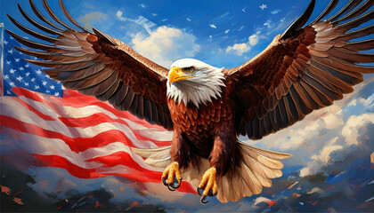 american bald eagle with american flag vector, 4th of july design background 