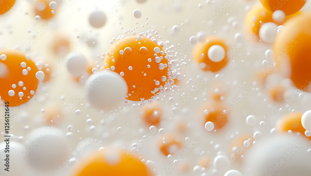 Poster a dynamic background of orange and white spheres floating in the air.