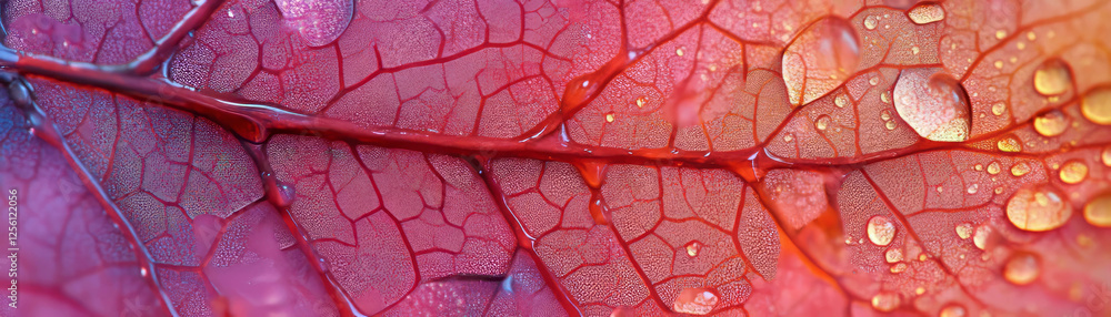 Poster droplets on a leaf reflect a vibrant background with intricate vein patterns