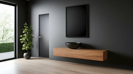 Modern interior design featuring a sleek black wall, wooden furniture, and a minimalistic aesthetic with a touch of greenery.