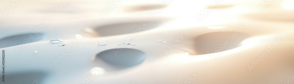 Poster droplets rest on a light surface, casting soft shadows and creating subtle tonal variations