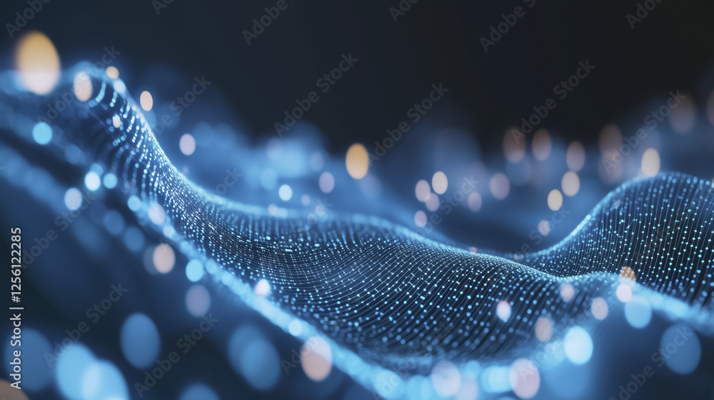 Poster digital wave of glowing blue particles creates futuristic and dynamic abstract background, evoking s