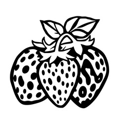 Vector-art rendition of three strawberries; black and white illustration of clustered berries, on white.