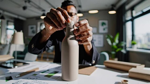 Creative designer working on sustainable product prototypes in a modern office environment