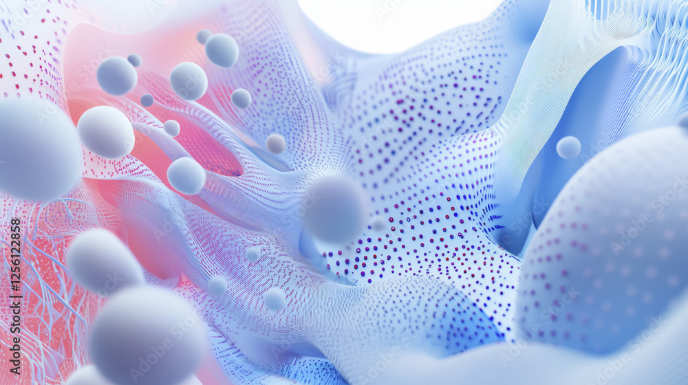 Poster dynamic abstract composition featuring flowing shapes and spheres in soft pastel colors, creating se