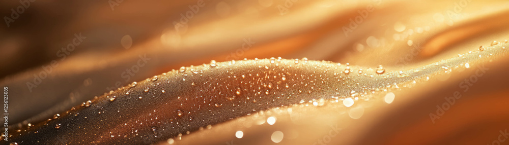 Aufkleber droplets on textured fabric capturing light and reflections against a bright background