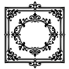 Intricate Floral Ornate Frame Design with Square Border, Circle Center, Black and White