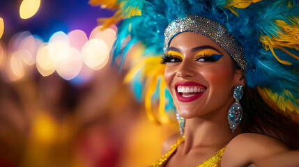 Vibrant celebration with a smiling dancer wearing a colorful feather headdress, embodying joy and cultural tradition.